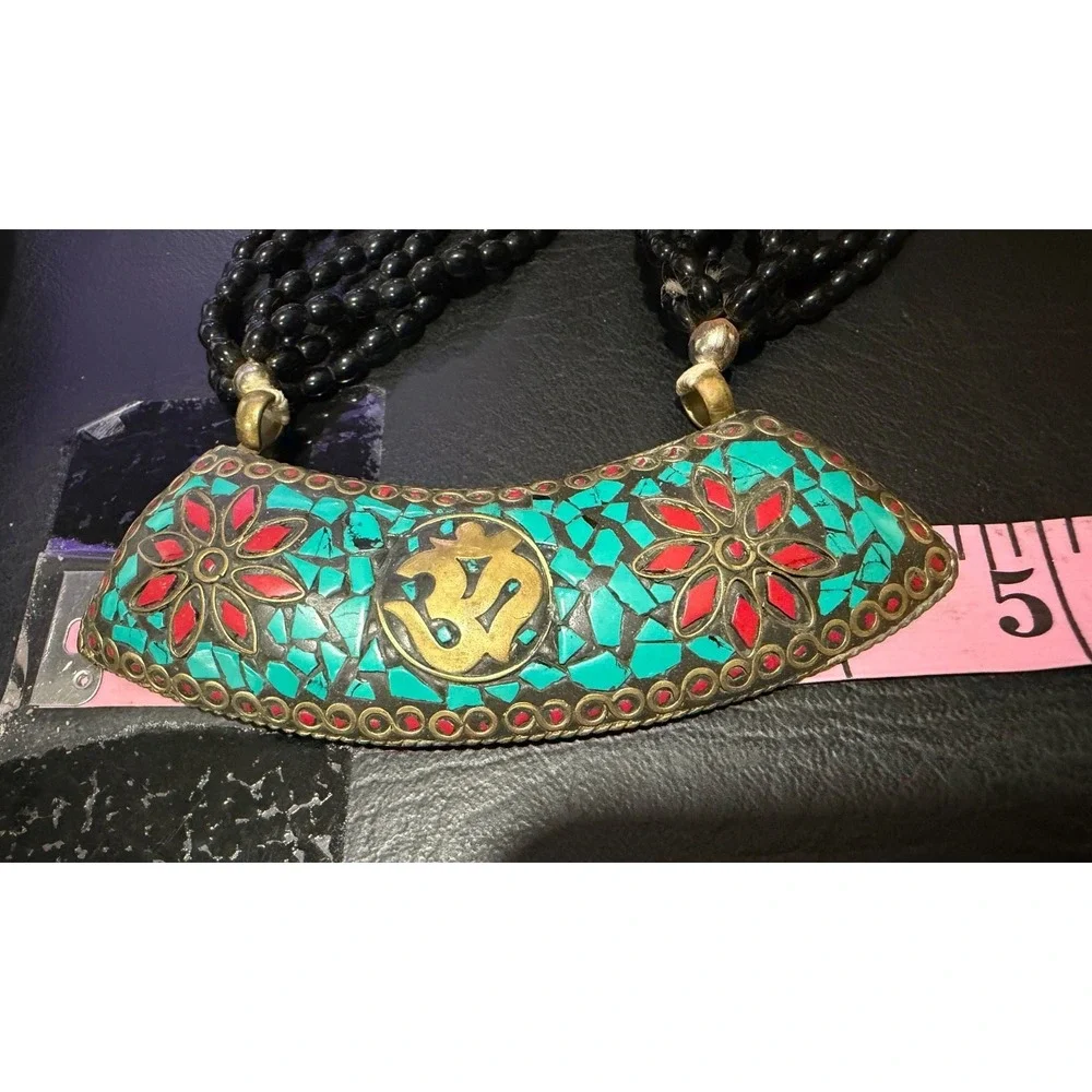 Tibetan Crushed Blue Red Stones  Statement‎ Pendant Necklace Glass Beaded Multi